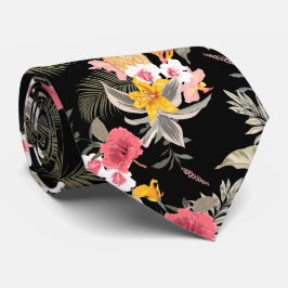 Blommigt Hibiscus Pineapple Hawaiian Print på Blac Slips