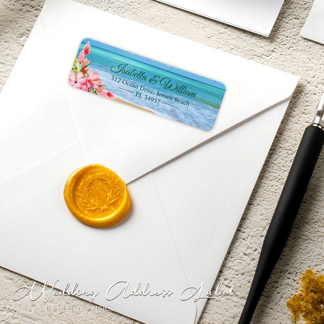 Blommigt Hibiscus Tropical Beach Wedding Adress Returadress Etikett (Skapare uppladdad)