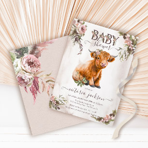 Blommigt Highland Cow Baby Shower Inbjudningar