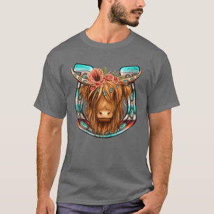 Blommigt Highland Cow Heifer Horseshoe Western Cou T Shirt