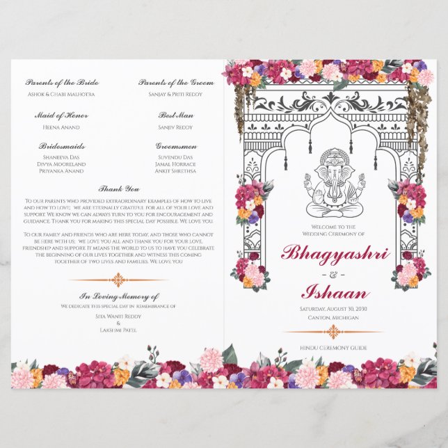 Blommigt Hindu Bröllop Ceremony-uppdelat program (Framsida)