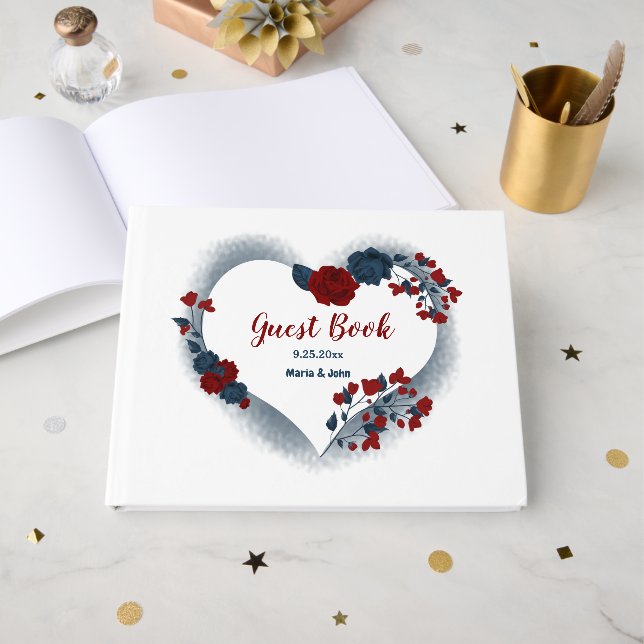 blommigt hjärta med vackra marinblått och röda blo gästböcker (Framsida Öppen)