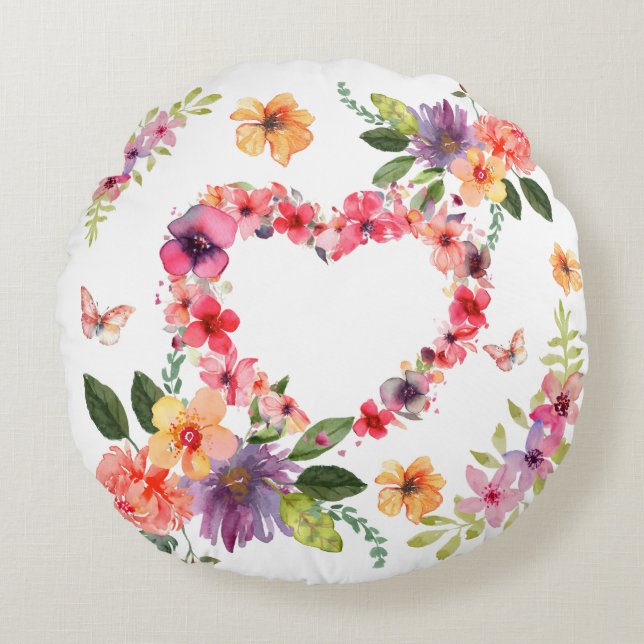 Blommigt hjärta och blommor rund kudde (Framsidan)
