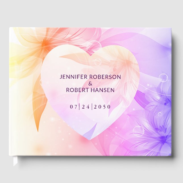 Blommigt Hjärtat Orange Lila Dewdros Bröllop Gästböcker (Framsida)