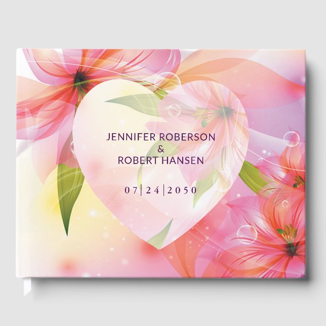 Blommigt Hjärtat Rosa Dewdros Bröllop Gästböcker (Framsida)