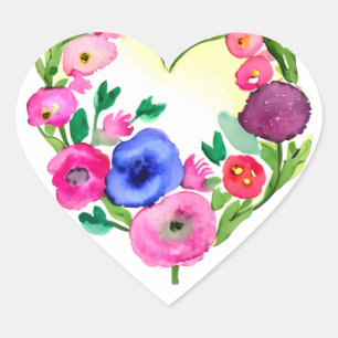 Blommigt Hjärtsandning Pastel Watercolor Lila Blue Hjärtformat Klistermärke