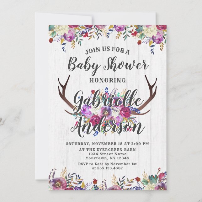 Blommigt Hjort Antler Bouquet Baby Shower-inbjudan Inbjudningar (Framsida)