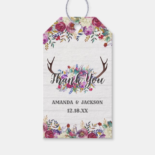 Blommigt Hjort Antler Bouquet Bröllop Tack Presentetikett (Framsidan)