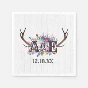 Blommigt Hjort Antler Bouquet Rustic Bröllop Monog Pappersservett