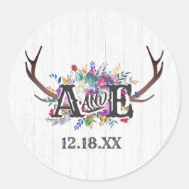 Blommigt Hjort Antler Bouquet Rustic Monogram Bröl Runt Klistermärke