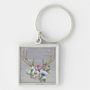Blommigt Hjort Antlers Fyrkantig Silverfärgad Nyckelring