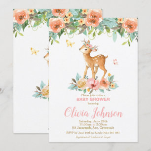 Blommigt Hjort Baby Shower Woodland Animals Flicka Inbjudningar