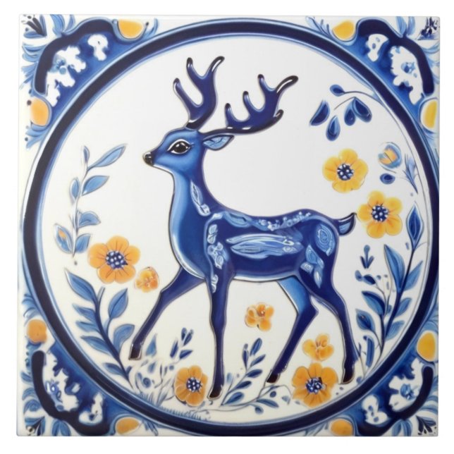 Blommigt Hjort Blue & White Woodland Folk Art Kakelplatta (Framsidan)