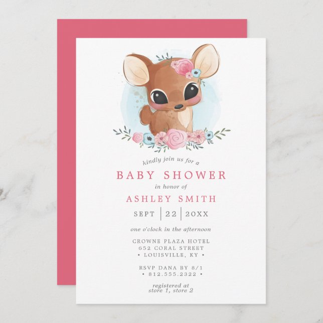 Blommigt Hjort Cute Woodland Doe Girl Baby Shower Inbjudningar (Fram/baksida)