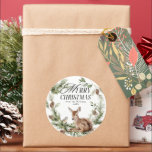 Blommigt Hjort Elegant Modern God jul Runt Klistermärke<br><div class="desc">Blommigt Hjort Elegant Vattenfärgsfärgkort God jul Helgdag</div>