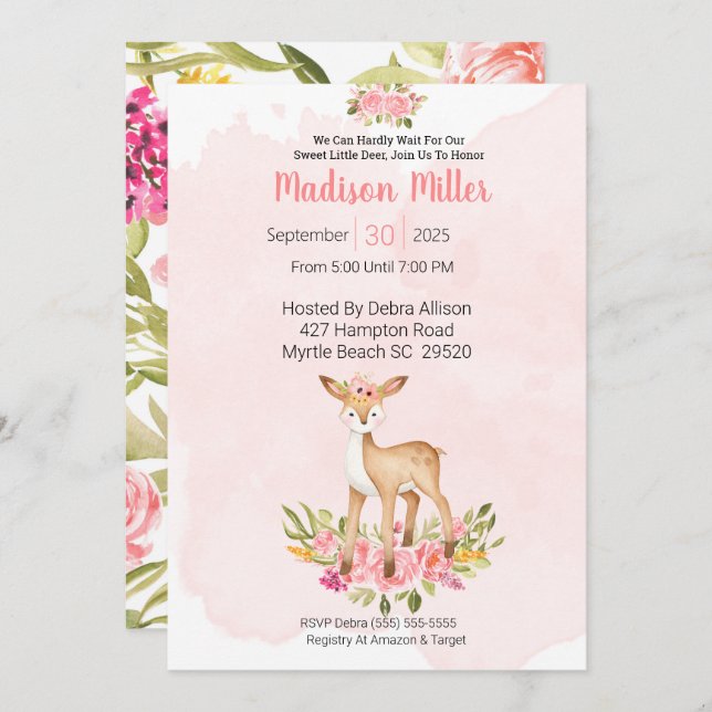 Blommigt Hjort för Rosa av skog, babykläder Inbjudningar (Fram/baksida)