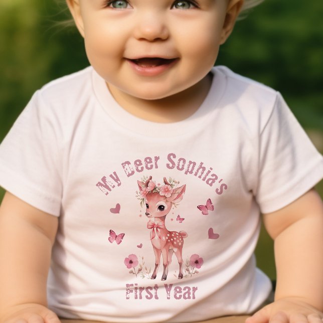 Blommigt Hjort och fjäril Girl First Birthday T Shirt (Skapare uppladdad)