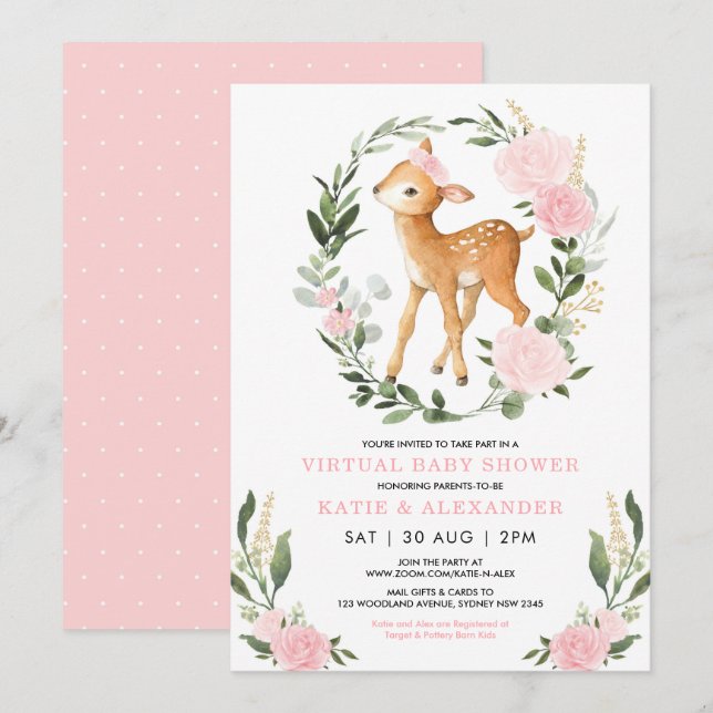 Blommigt Hjort Woodland Greenery Virtuell Baby Sho Inbjudningar (Fram/baksida)