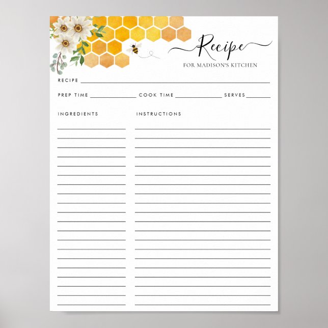 Blommigt Honeycomb Bumblebee Bee Kitchen Recipe Poster (Framsidan)