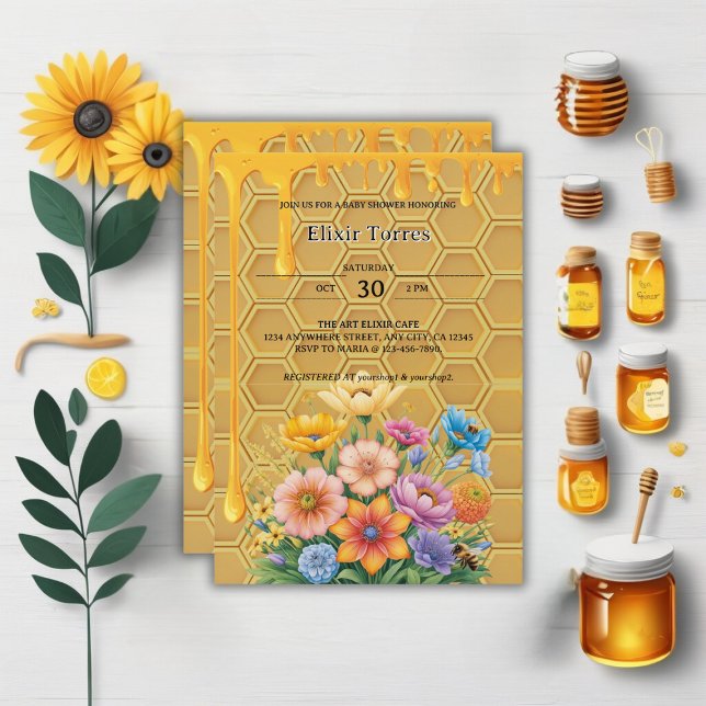 Blommigt Honeycomb Honeybee Honungsdropp Babyskor Inbjudningar (Skapare uppladdad)