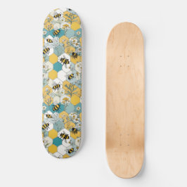 Blommigt Honeycomb med Bes Gult och Teal Mini Skateboard Bräda 18,5 Cm