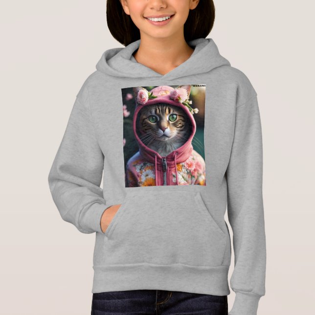 "Blommigt Hoodie Cat T Shirt (Framsida)