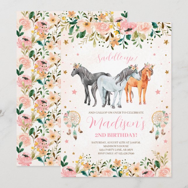 Blommigt Horse Birthday Inbjudningar (Fram/baksida)