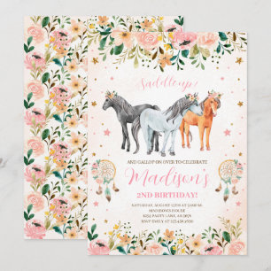 Blommigt Horse Birthday Inbjudningar