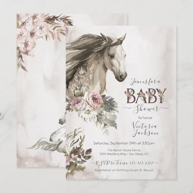 Blommigt Horse Ranch Baby Shower Inbjudningar (Fram/baksida)