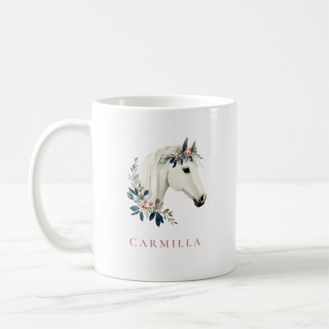Blommigt Horse Rosa och Personligen Navy Namn Kaffemugg (Vänster)