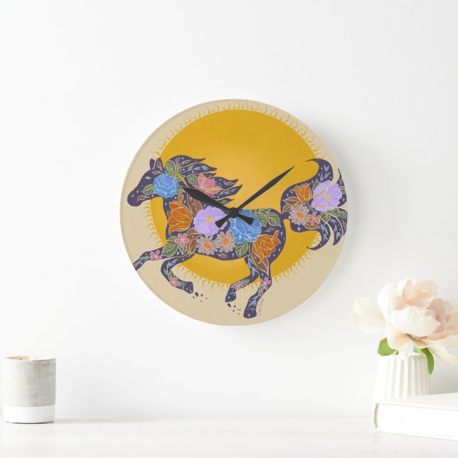 Blommigt Horse Silhouette_Lila Clock Stor Klocka (Hem)