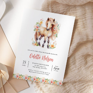 Blommigt Horse Watercolor Baby Shower Inbjudningar