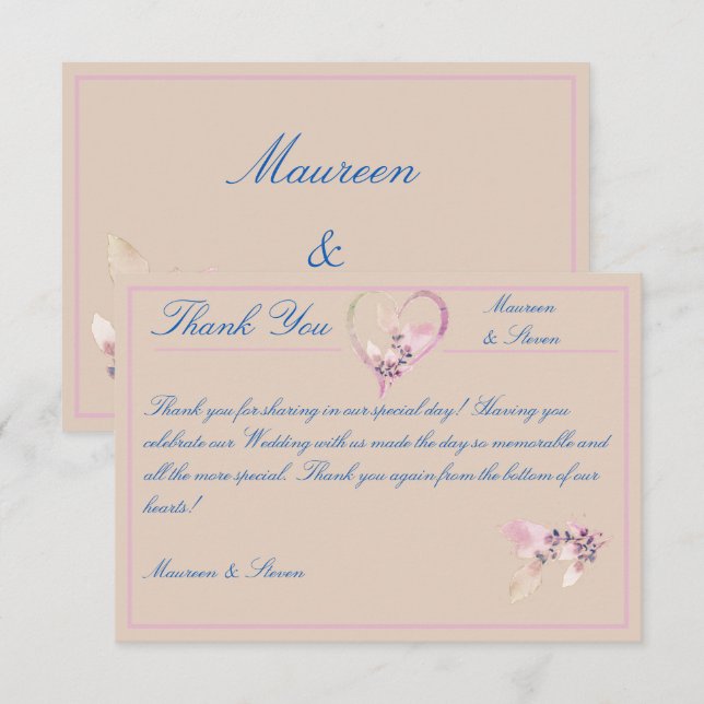 Blommigt Höst , blå och Rosa Bröllop Tack Kort (Fram/baksida)