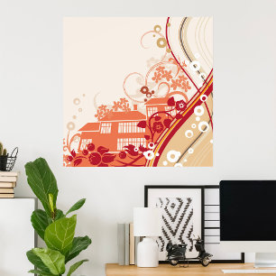 Blommigt House Illustration Swirl och Nature Mönst Poster