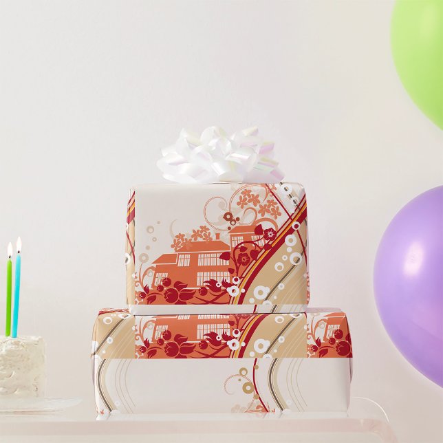 Blommigt House Illustration Swirl och Nature Mönst Presentpapper (Skapare uppladdad)