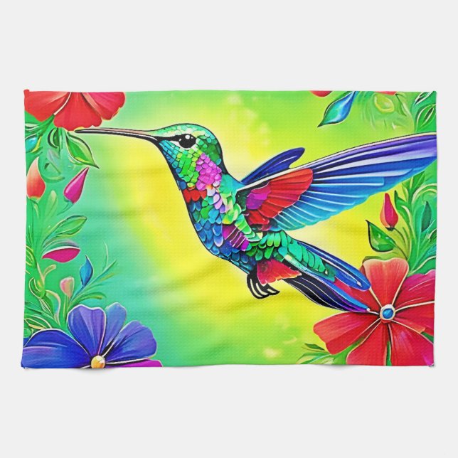 Blommigt Hummingbird Art Design Kökshandduk (Horisontell)