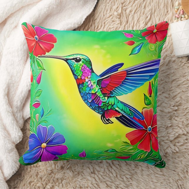 Blommigt Hummingbird Art Design Kudde (Filt)