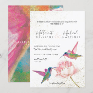 Blommigt Hummingbird Guld Watercolor Bröllop Inbjudningar