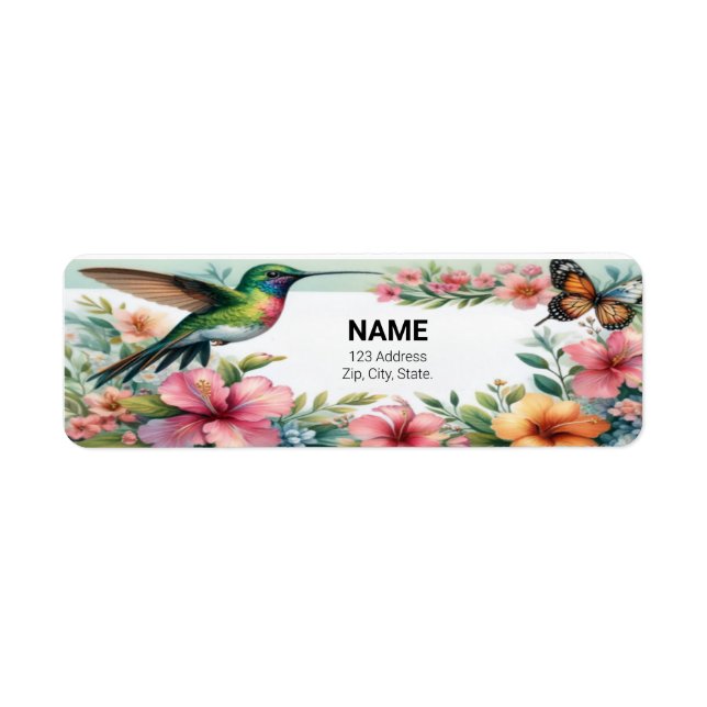 "Blommigt Hummingbird Personlig Namn bricka". Returadress Etikett (Framsidan)