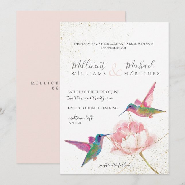 Blommigt Hummingbird Rosa Guld Watercolor Bröllop Inbjudningar (Fram/baksida)