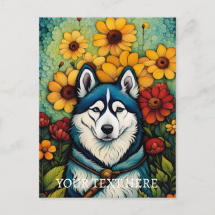Blommigt Hund Art Siberian Husk Painting Vykort