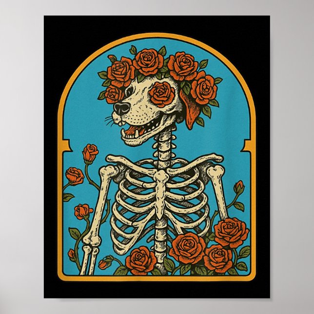 Blommigt Hund Skeleton, tacksam Skeleton Funny Hal Poster (Framsidan)