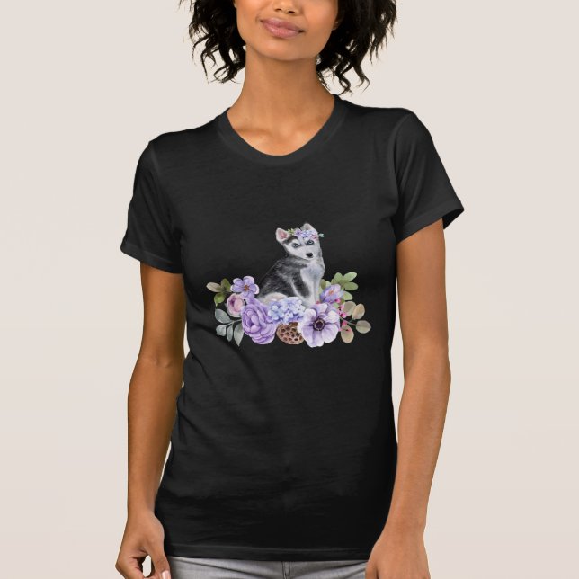 Blommigt Husky Puppy T Shirt (Framsida)