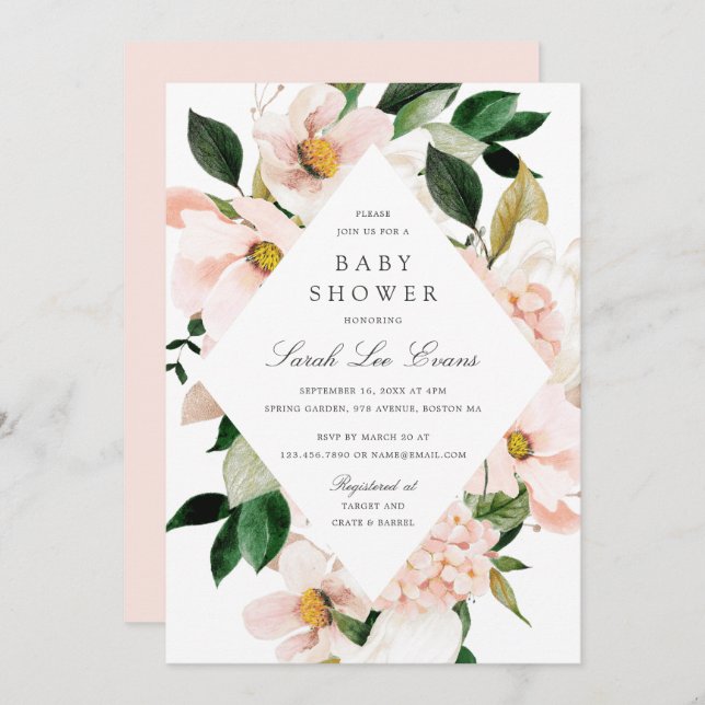 Blommigt  Hydrangea Elegant Chic Baby Shower Inbjudningar (Fram/baksida)