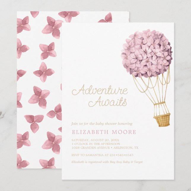 Blommigt Hydrangea Luftballong Baby Shower | Inbjudningar (Fram/baksida)