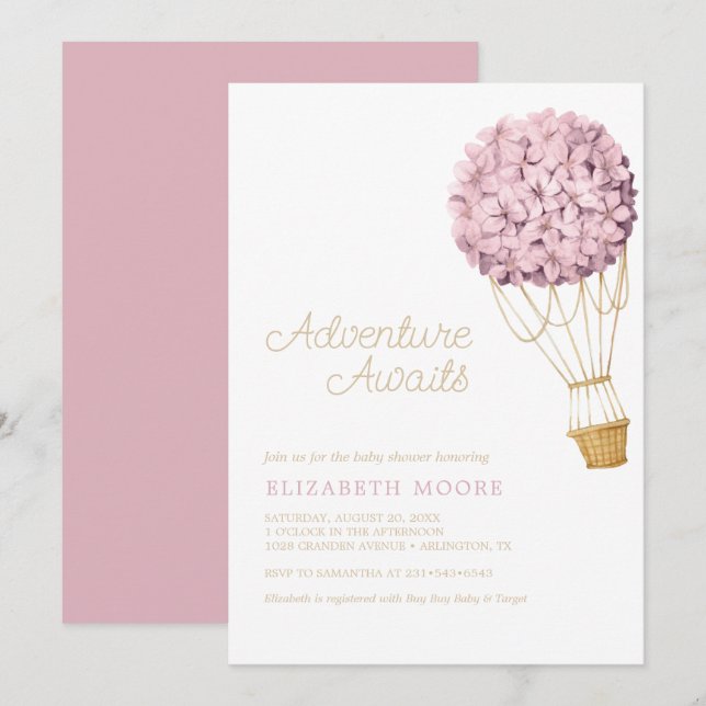 Blommigt Hydrangea Luftballong Baby Shower | Inbjudningar (Fram/baksida)