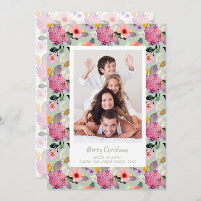 Blommigt Hydrangeas julfoto Julkort (Fram/baksida)