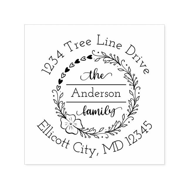 Blommigt i Monogram Family Hjärtkrans i Namn Självfärgande Stämpel (Design)