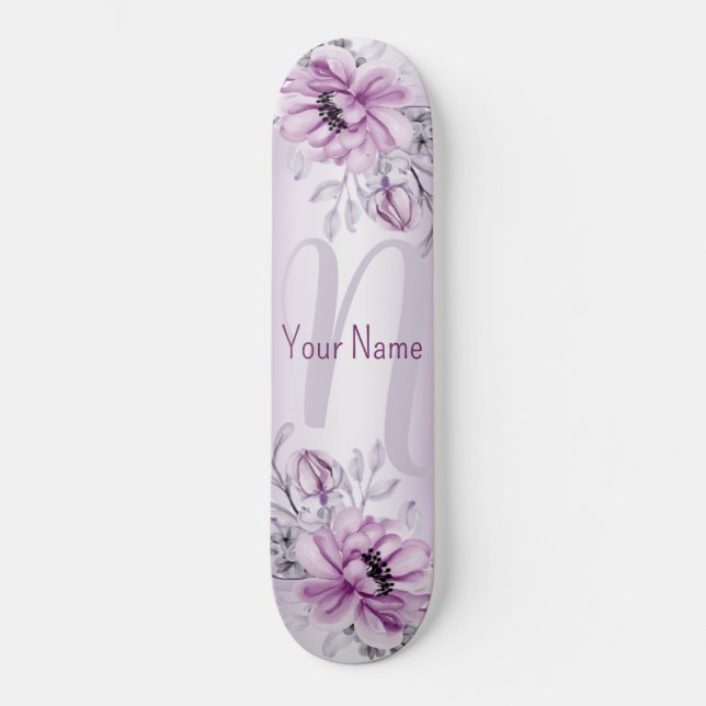 Blommigt i Monogram Rosa Namn Violet Lila Modern Mini Skateboard Bräda 18,5 Cm (Framsida)