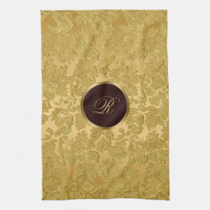 Blommigt i Monogramm Monochromatic Guld Kökshandduk